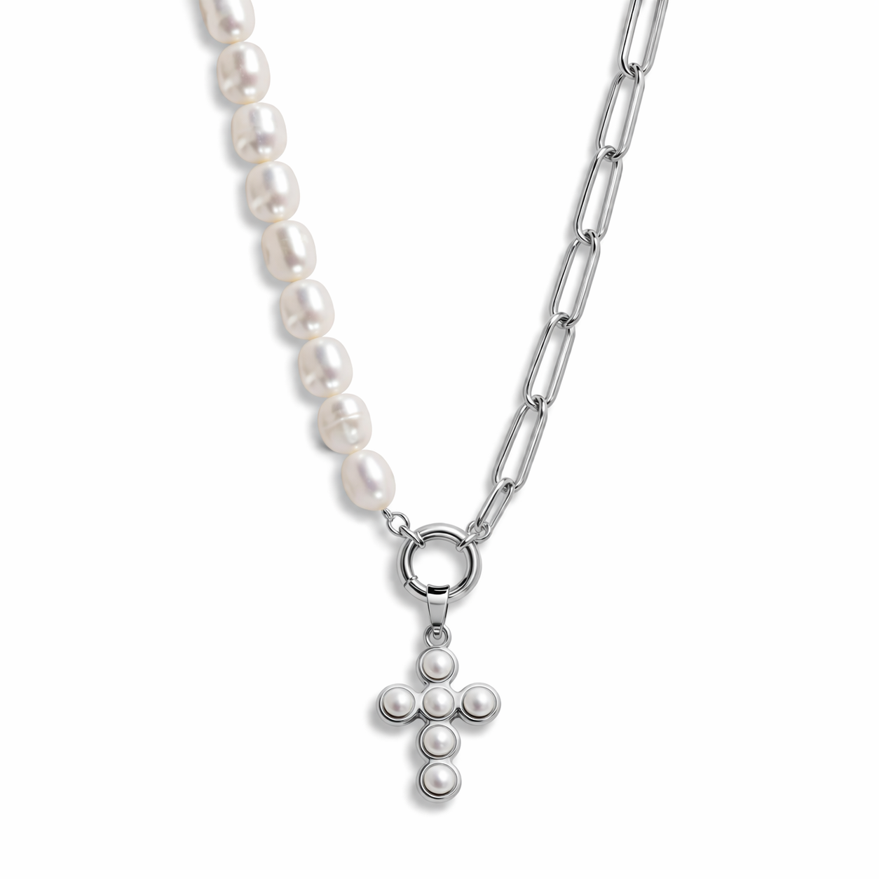 Pearl Split-Chain Cross Necklace