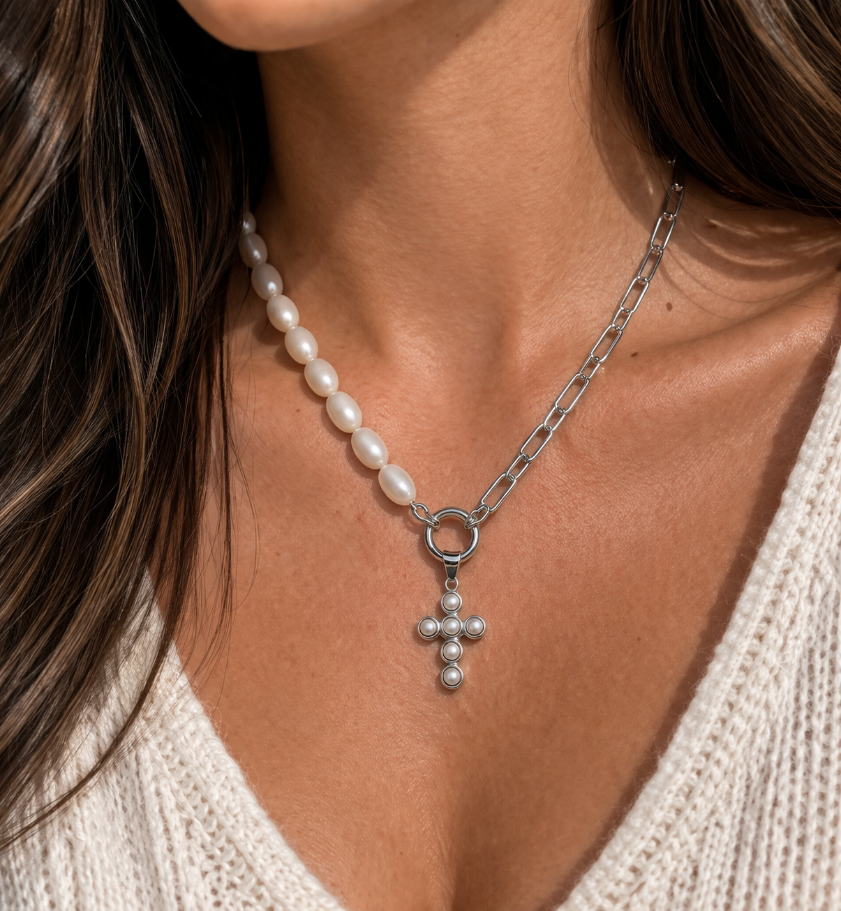 Pearl Split-Chain Cross Necklace